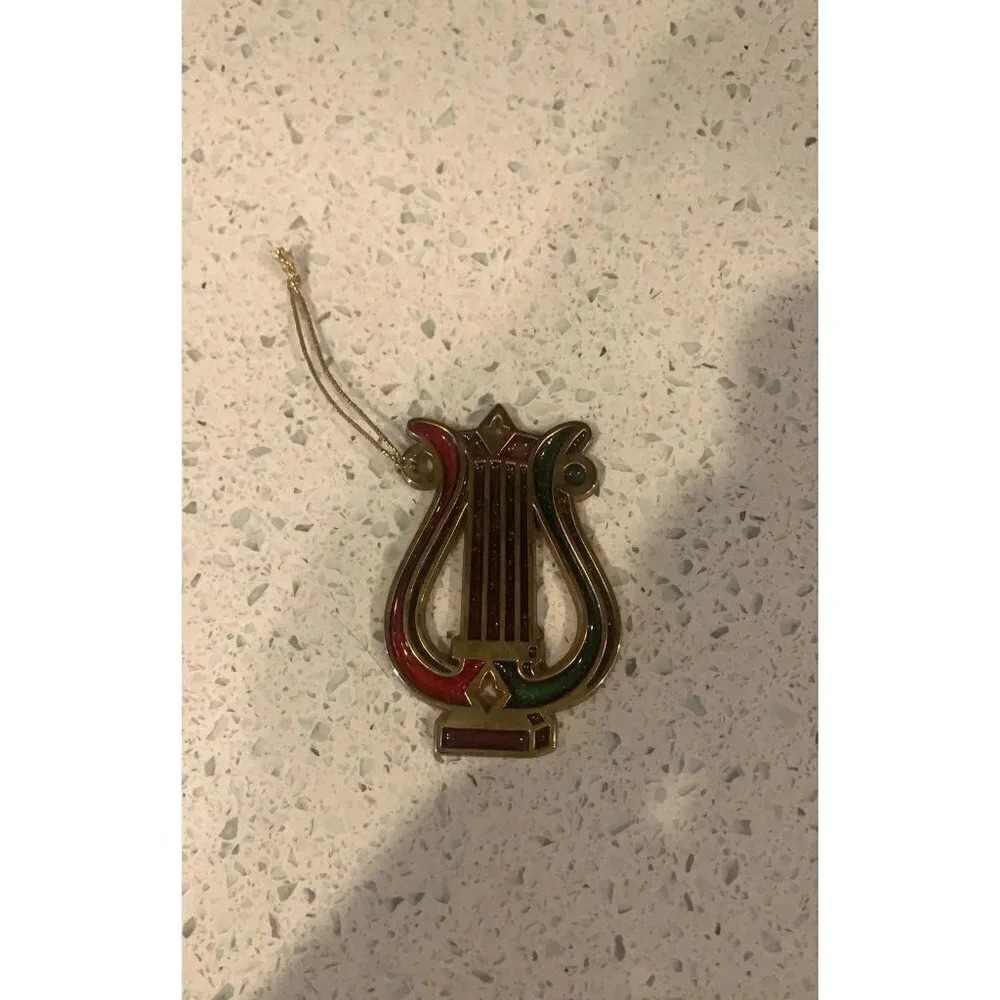 Avon harp shaped golden Stained Glass‎ green red ornament xmas sd